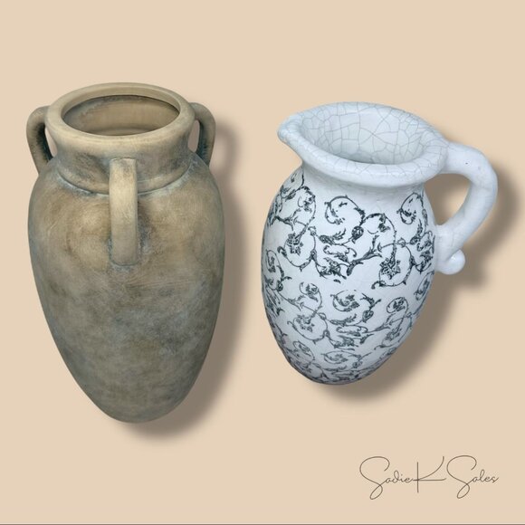 9" Ivory Ceramic Pitcher Vase - My Texas House - Scroll Pattern Farmhouse Decor - Picture 9 of 9